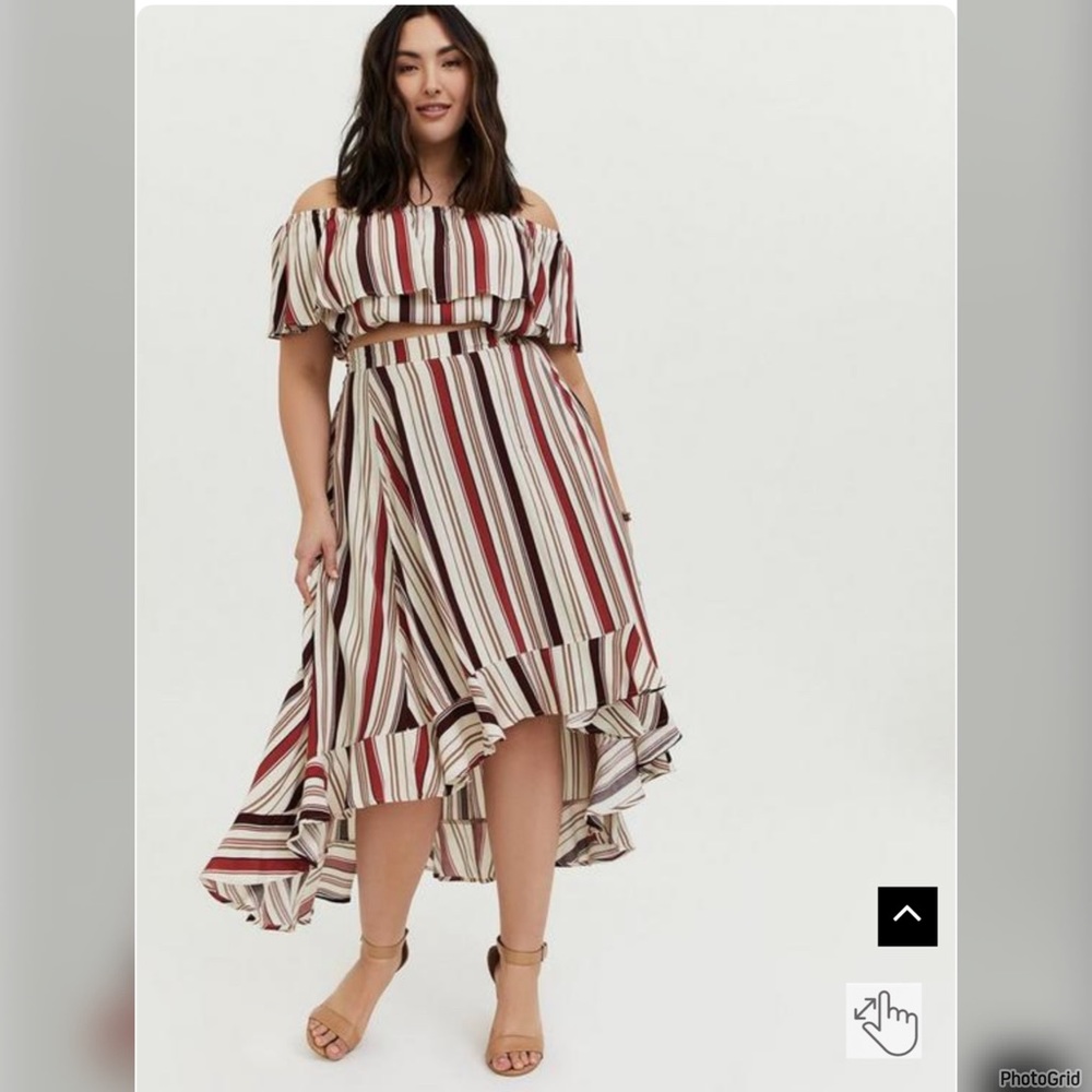 Torrid Multi Stripe Challis Off Shoulder Crop Top & Hi-Lo Skirt